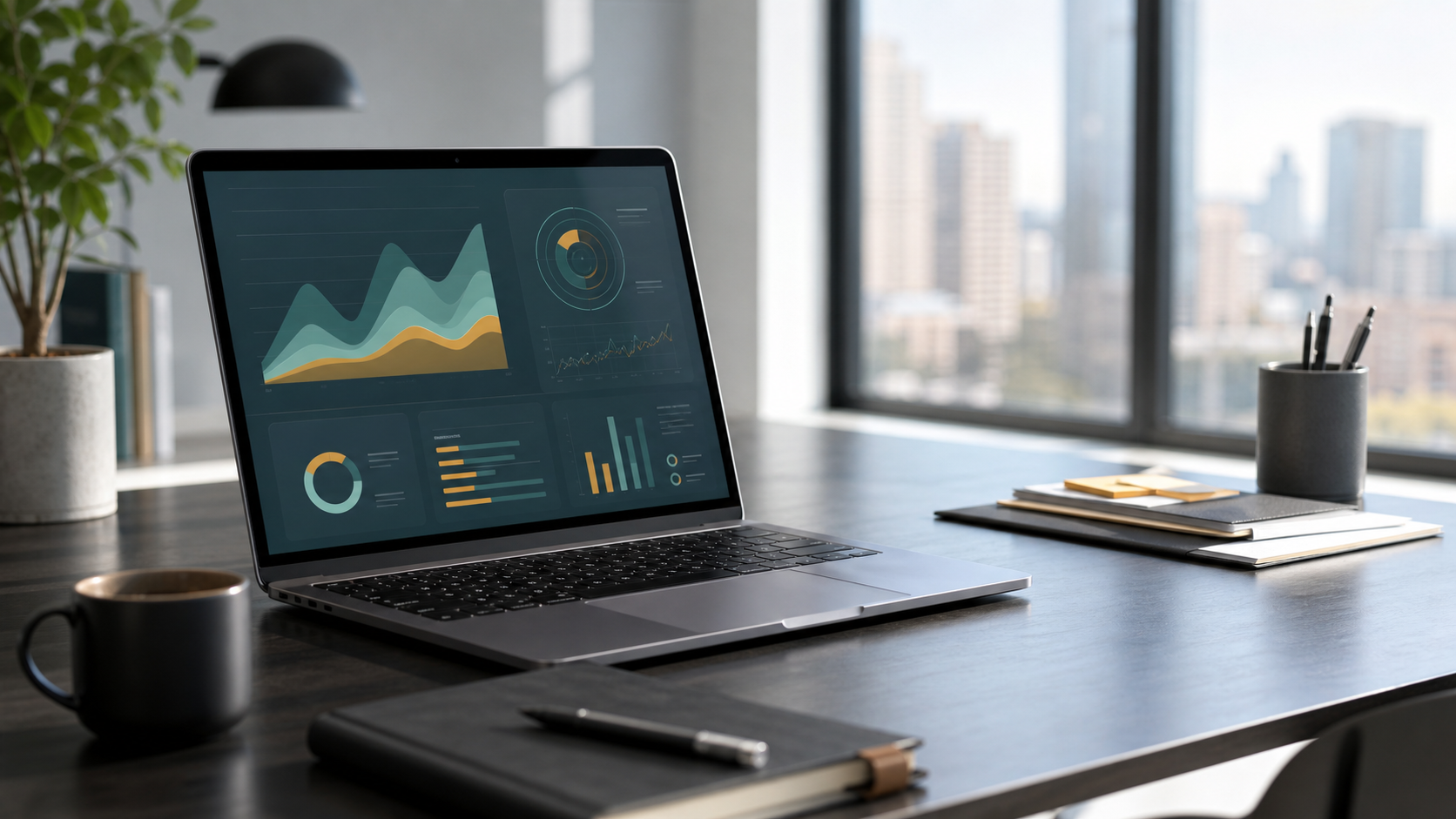 A modern workspace with a career dashboard on a laptop